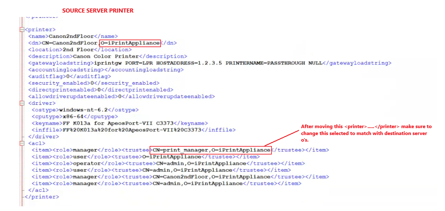 Migrating one or more printers from one iPrint manager to another