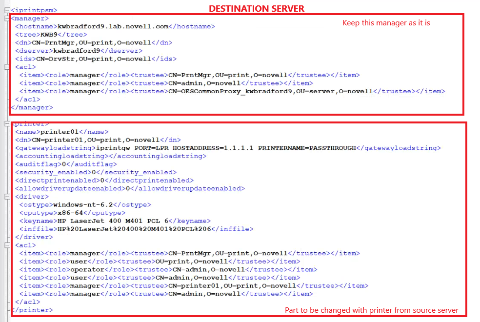 Migrating one or more printers from one iPrint manager to another