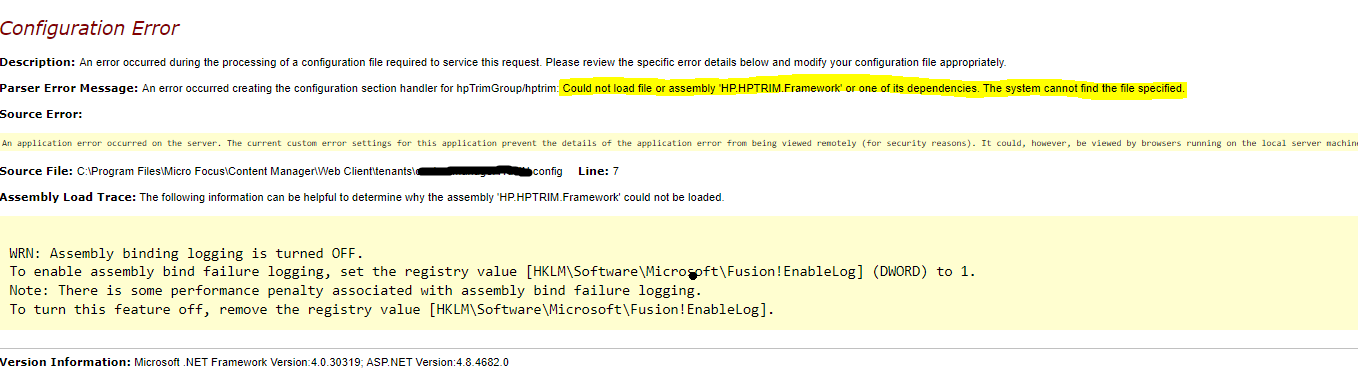 Could not load file or assembly 'HP.HPTRIM.Framework' error while ...