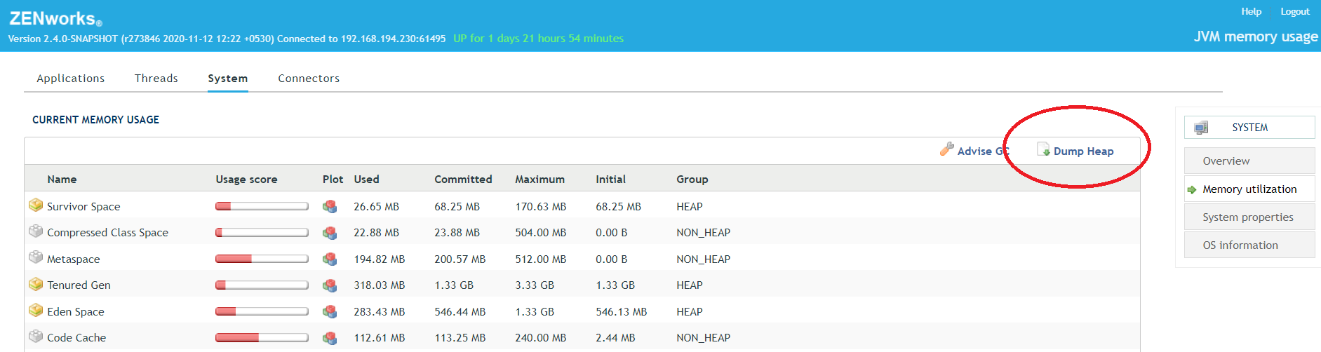 Getting thread and heap dump when ZCC is up