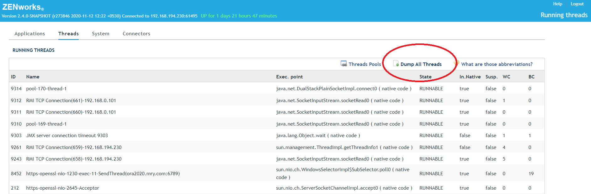 Getting thread and heap dump when ZCC is up