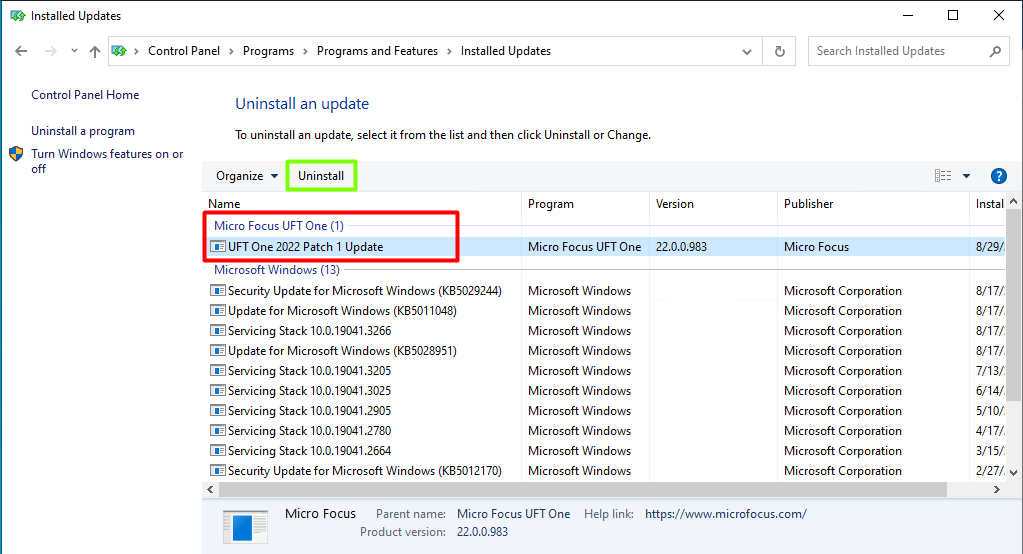 Uninstall Uft Patcheshotfixes