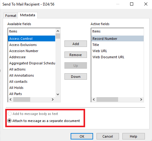 Send to Mail >Metadata > 'Add to message body as text' option grey out