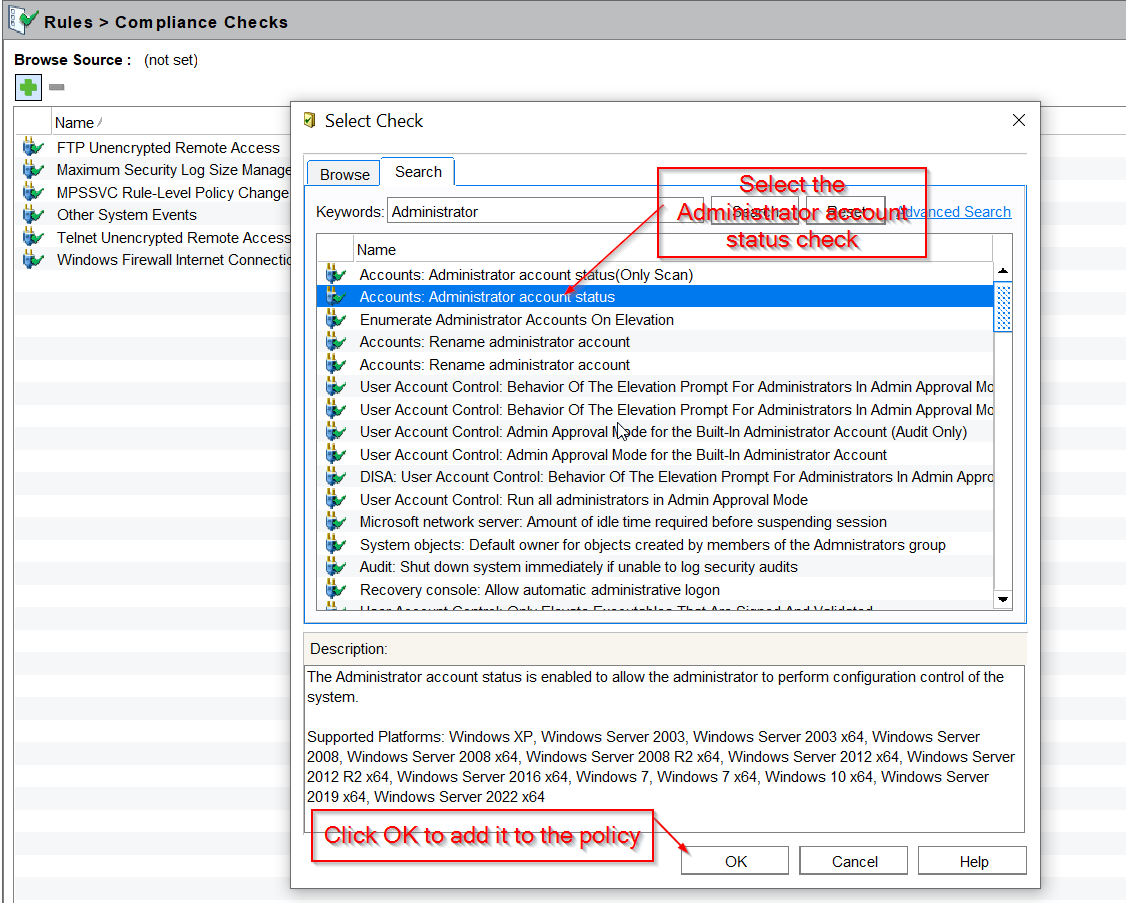 Administrator account status audit item returns string instead of exit code