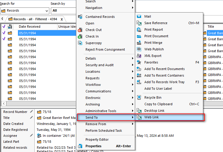 Create a Web link for the record from Content Manager Client