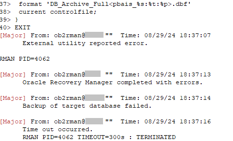 Oracle backup job shows "Time out occurred."
