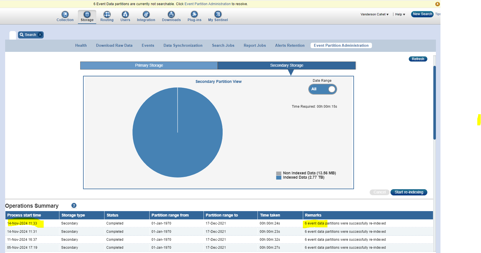 Event Data Partitions Are Currently Not Searchable Even After Re-indexing