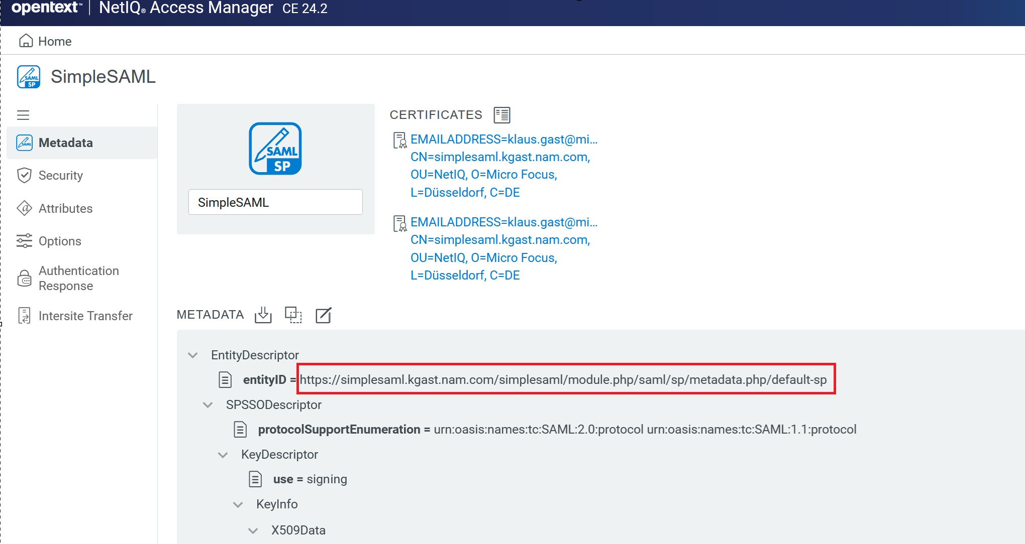 NAM 5.0 Admin Console SAML2 SP configuration menu returns the global ...