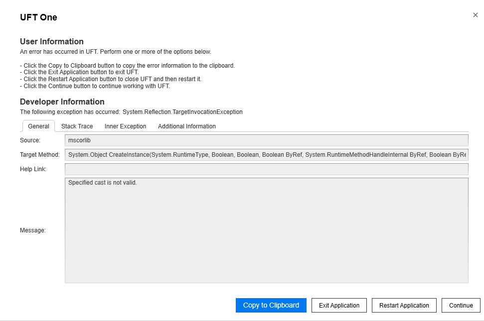 UFT Encounters an Unexpected Error with message 'Specified cast is not ...