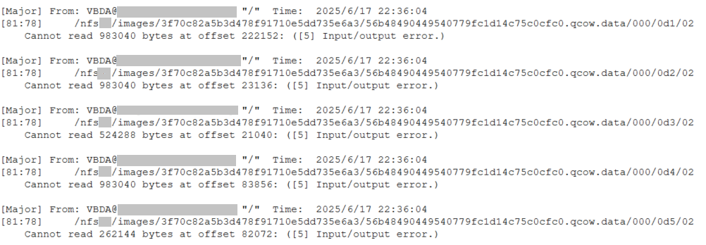 Cannot read 983040 bytes at offset 222152: ([5] Input/output error.)