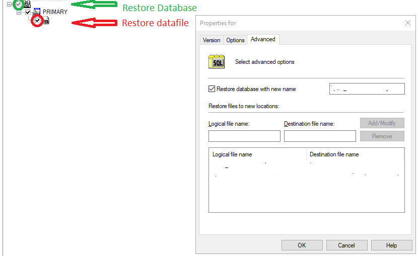 When restoring a MS SQL database, it does not accept the options to ...