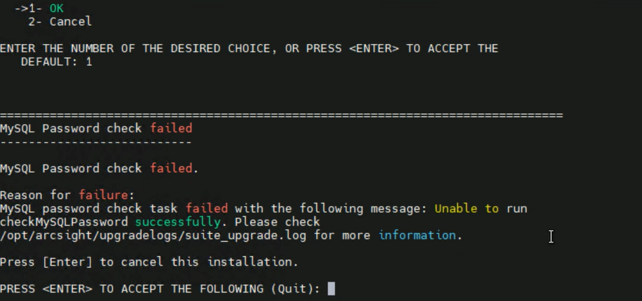 ESM Upgrade fails with Unable to run checkMySQLPassword error