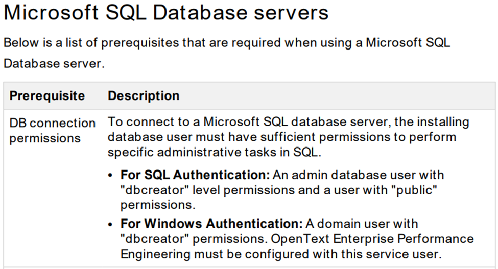 What DB user roles and permissions are required when using LRE with SQL ...
