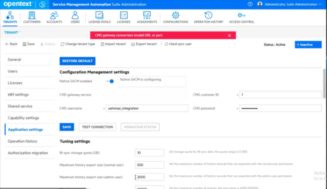 SMAX CMS gateway connection: invalid URL or port error