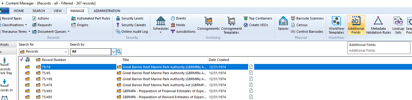 Additional Fields Missing under Manage tab in Content Manager