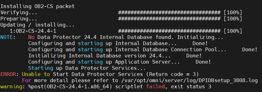 Error "Unable to start Data Protector Services (Return code =3 ...