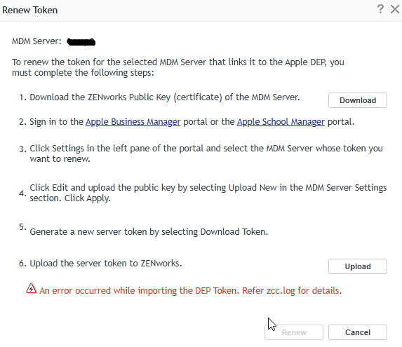 Unable to Upload or Renew DEP Server Token for ZENworks MDM in ZCC