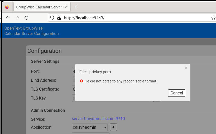 During GroupWise Calendar Server Configuration, when selcting the TLS ...