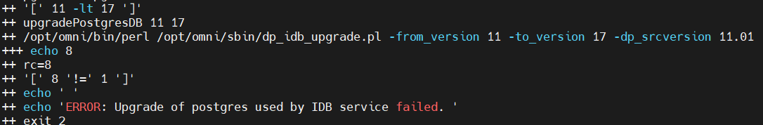 Error "Upgrade of postgres used by IDB service failed." received when ...